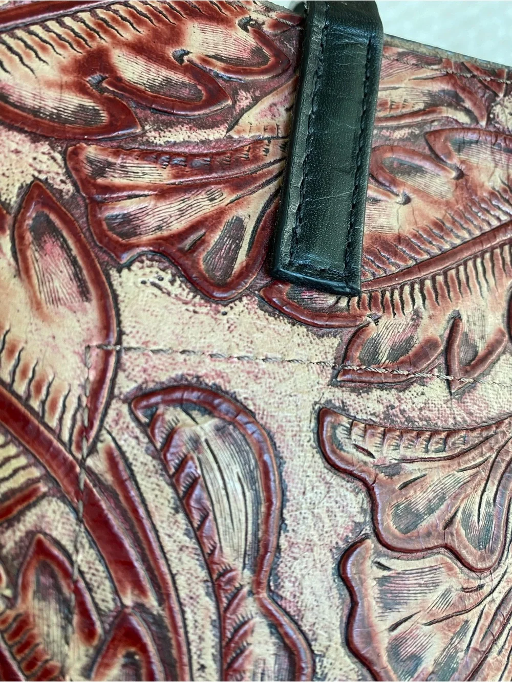 B May Western Floral Embossed Tooled Leather Tote Bag Maroon Oxblood Boho Rustic